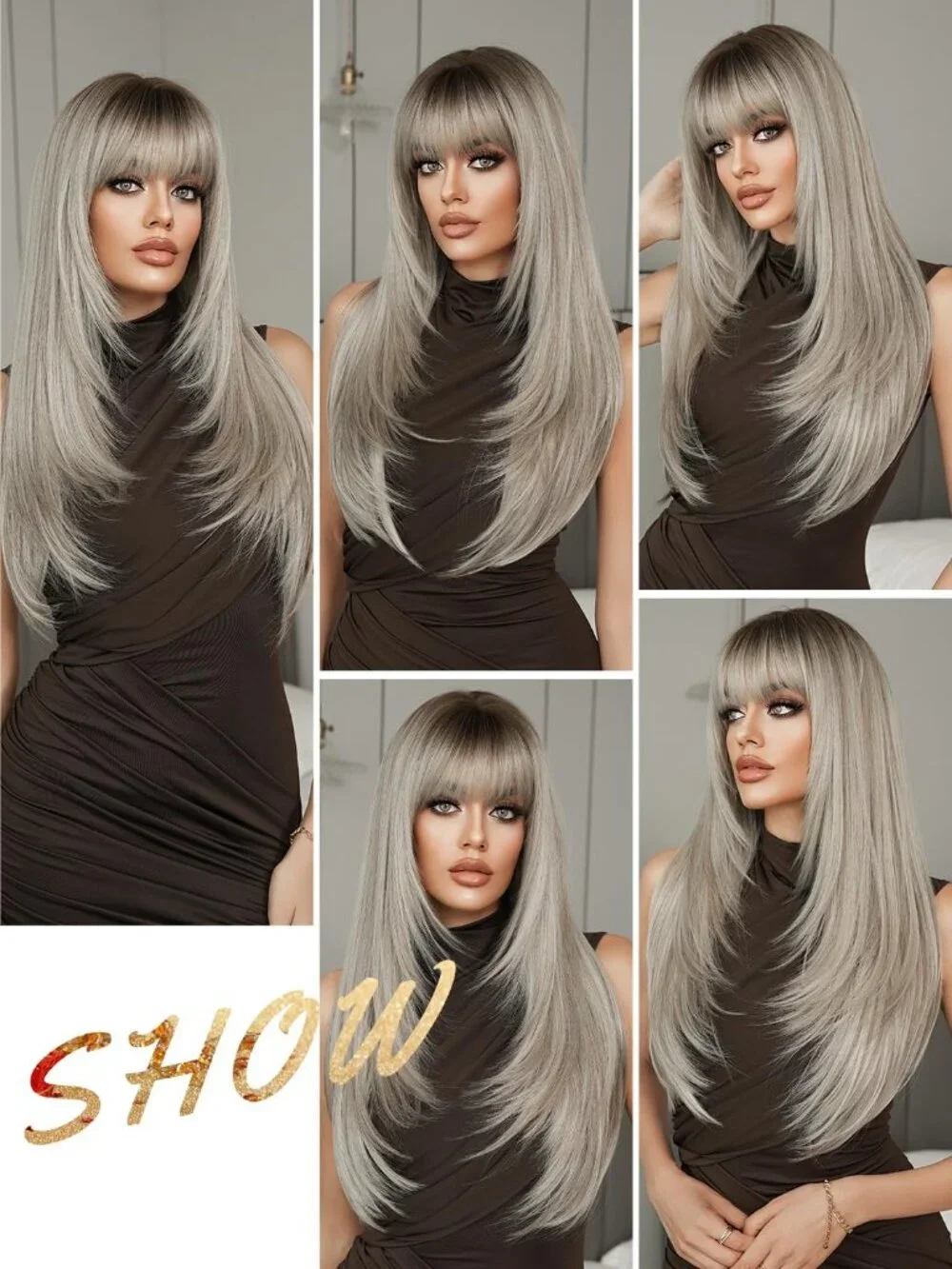 Women's Grey Blonde 26 Inch Heat Resistant Synthetic Long Straight Wigs Bangs